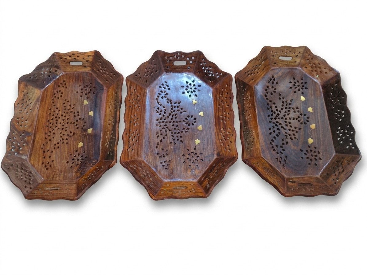 Wooden Serving Tray Set Of Three Premium Sheesham Wood Trays - Image 4