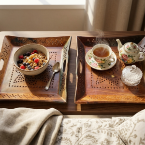 Premium Sheesham Wooden Serving Tray Set Of 2 Pieces For Stylish Food Serving