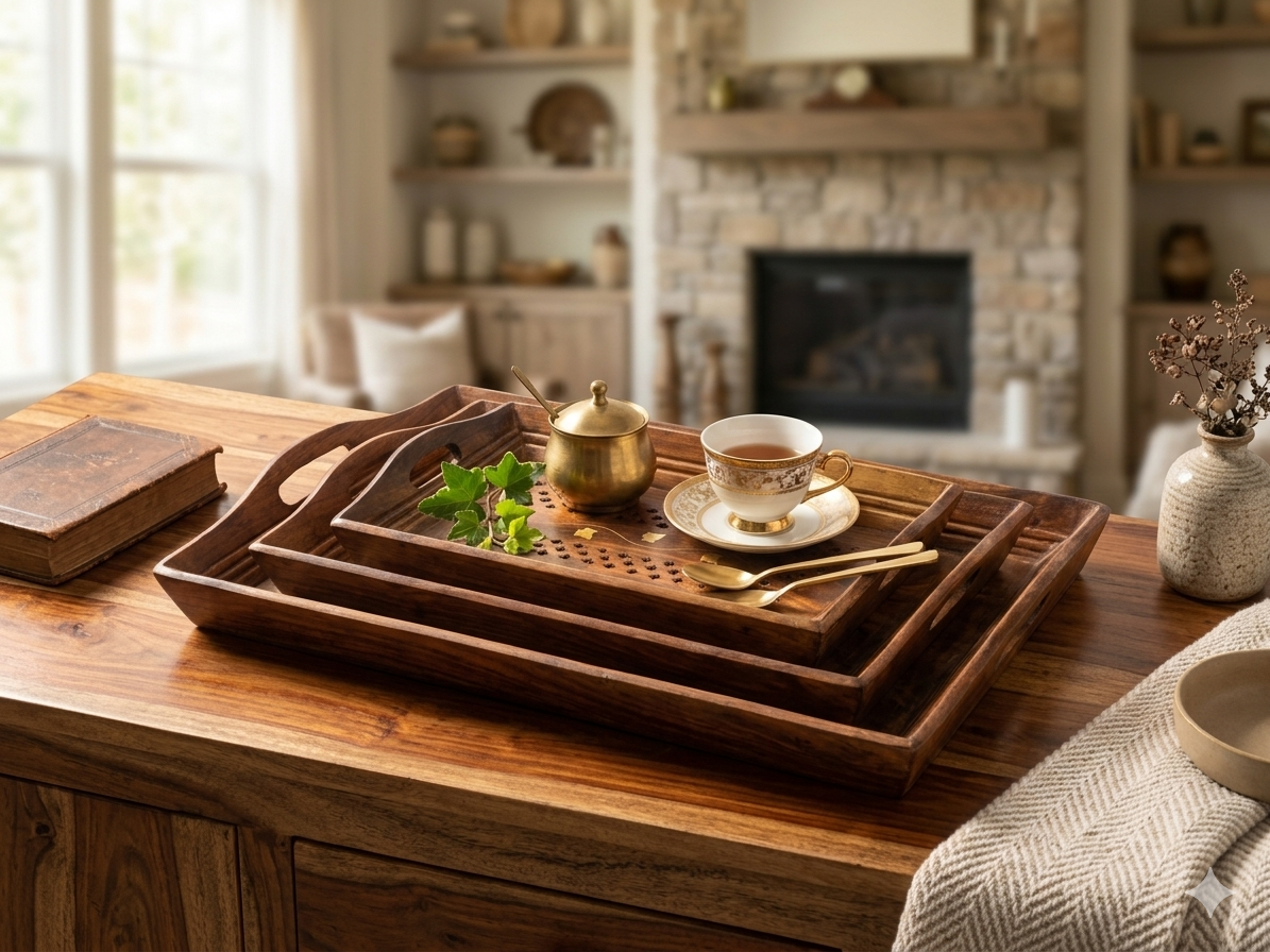 Premium Sheesham Wooden Tray Set Of 3 Pieces For Coffee And Snack Serving - Image 2