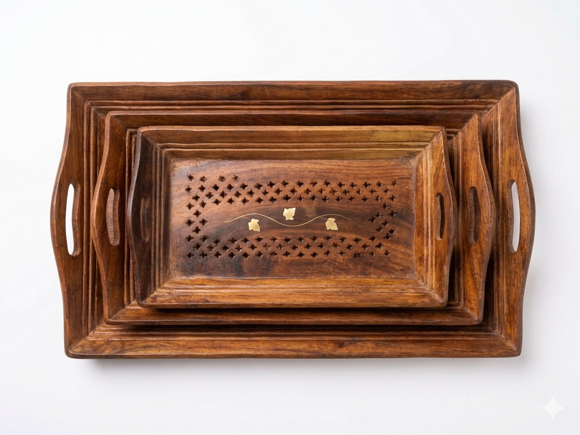 Premium Sheesham Wooden Tray Set Of 3 Pieces For Coffee And Snack Serving - Image 3