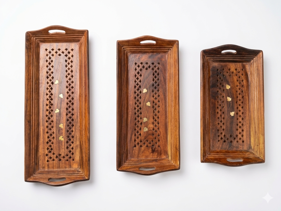 Premium Sheesham Wooden Tray Set Of 3 Pieces For Coffee And Snack Serving - Image 4