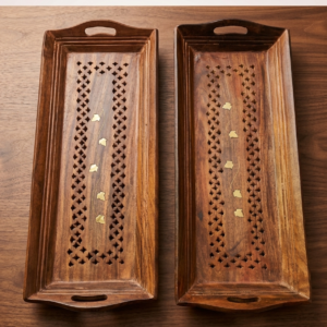 Premium Sheesham Wood Tea Coffee Serving Tray Set Of 2 Pieces For Elegant Snack Serving