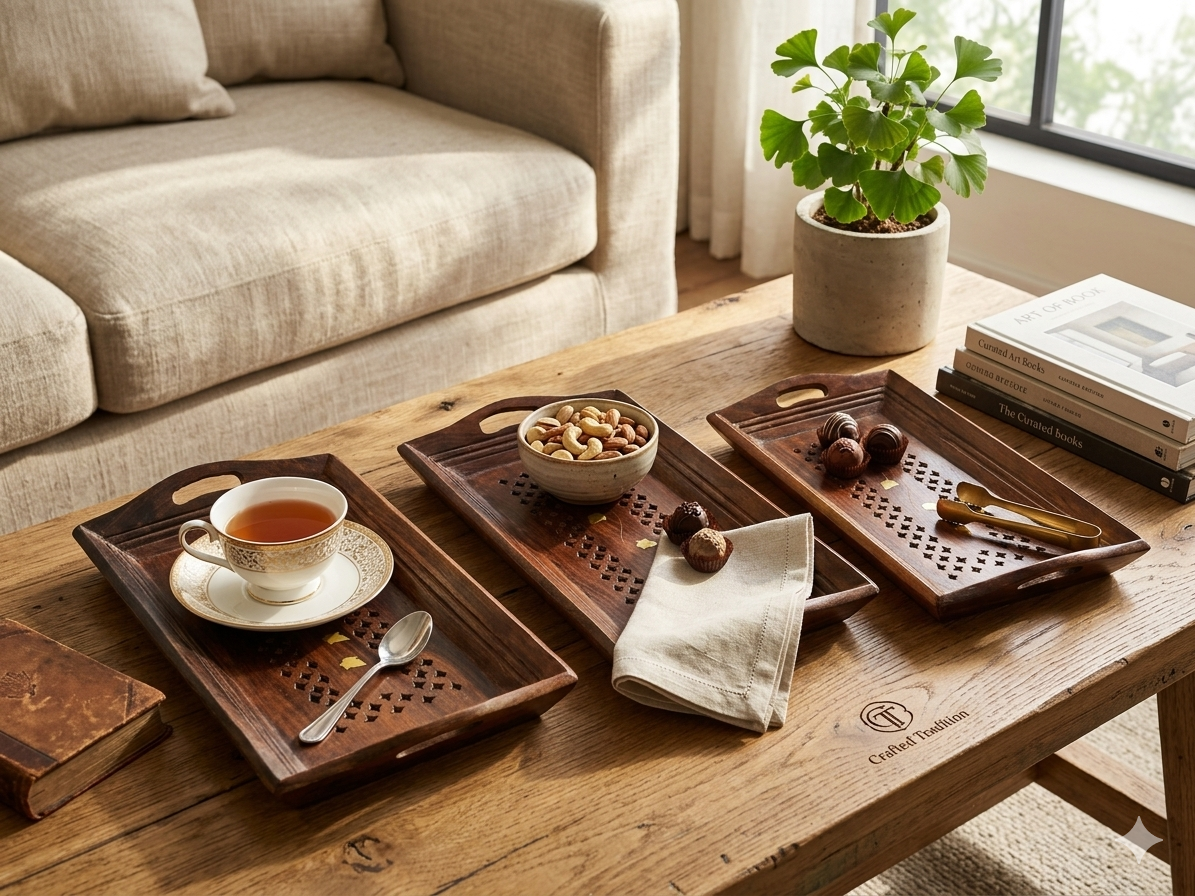 Premium Sheesham Wooden Coffee Tray Set For Stylish Snack Serving - Image 2
