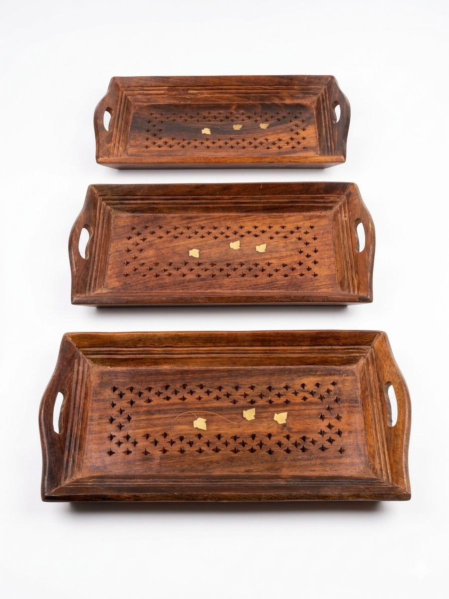 Premium Sheesham Wooden Coffee Tray Set For Stylish Snack Serving - Image 3