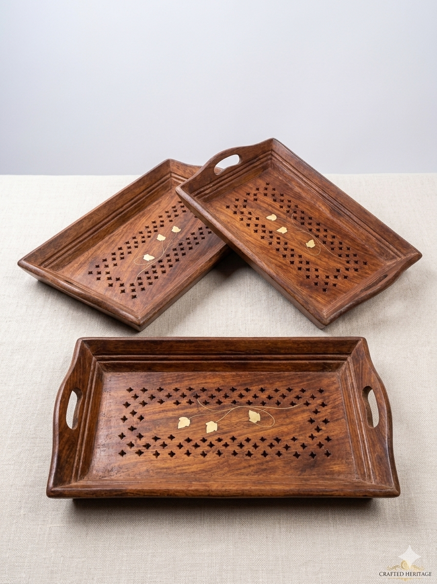 Premium Sheesham Wooden Coffee Tray Set For Stylish Snack Serving - Image 4
