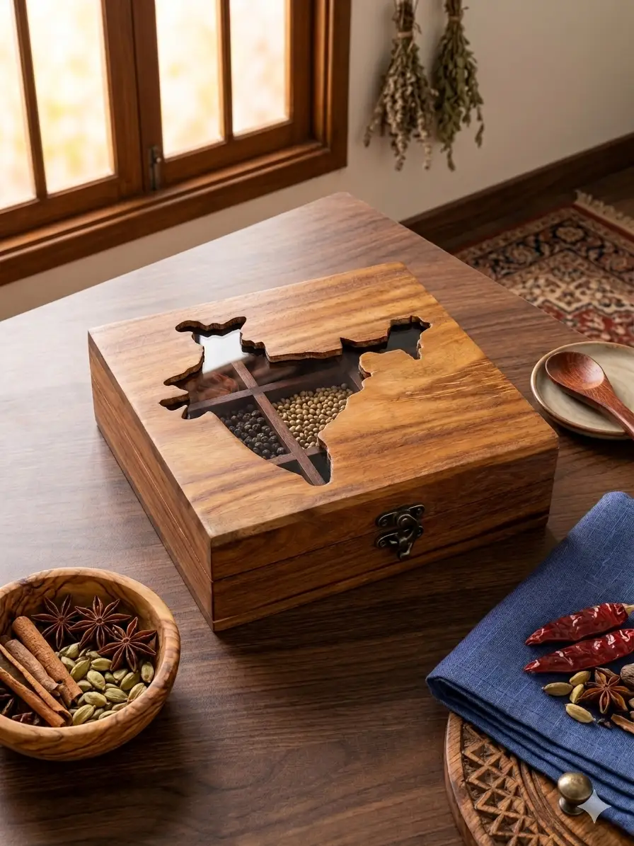 Premium Wooden Spice Box For Kitchen Masala Storage Use