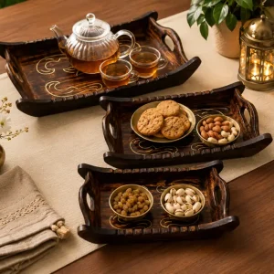 Premium Sheesham Wooden Tray Set Second Design For Stylish Serving