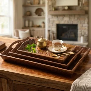 Premium Sheesham Wooden Tray Set Of 3 Pieces For Coffee And Snack Serving