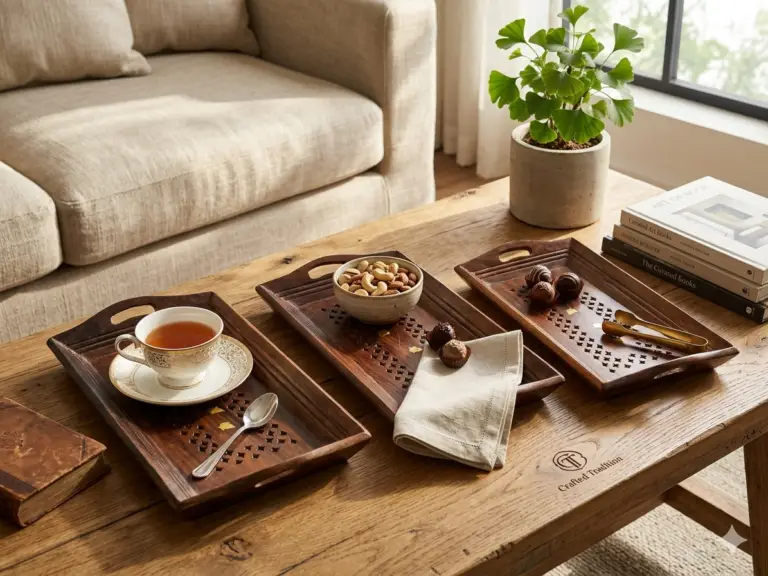 Premium Sheesham Wooden Coffee Tray Set For Stylish Snack Serving