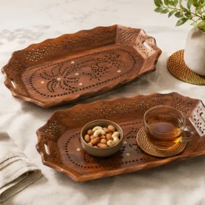 Sheesham Wood Serving Tray Set of 2 | Wooden Tea, Coffee & Snack Serving Trays with Handles | Handcrafted Multipurpose Food Serving Tray for Kitchen & Dining | 38 x 25 cm