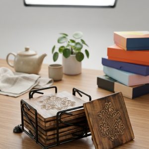 Premium Antique Sheesham Wood Coaster Set With Metal Stand