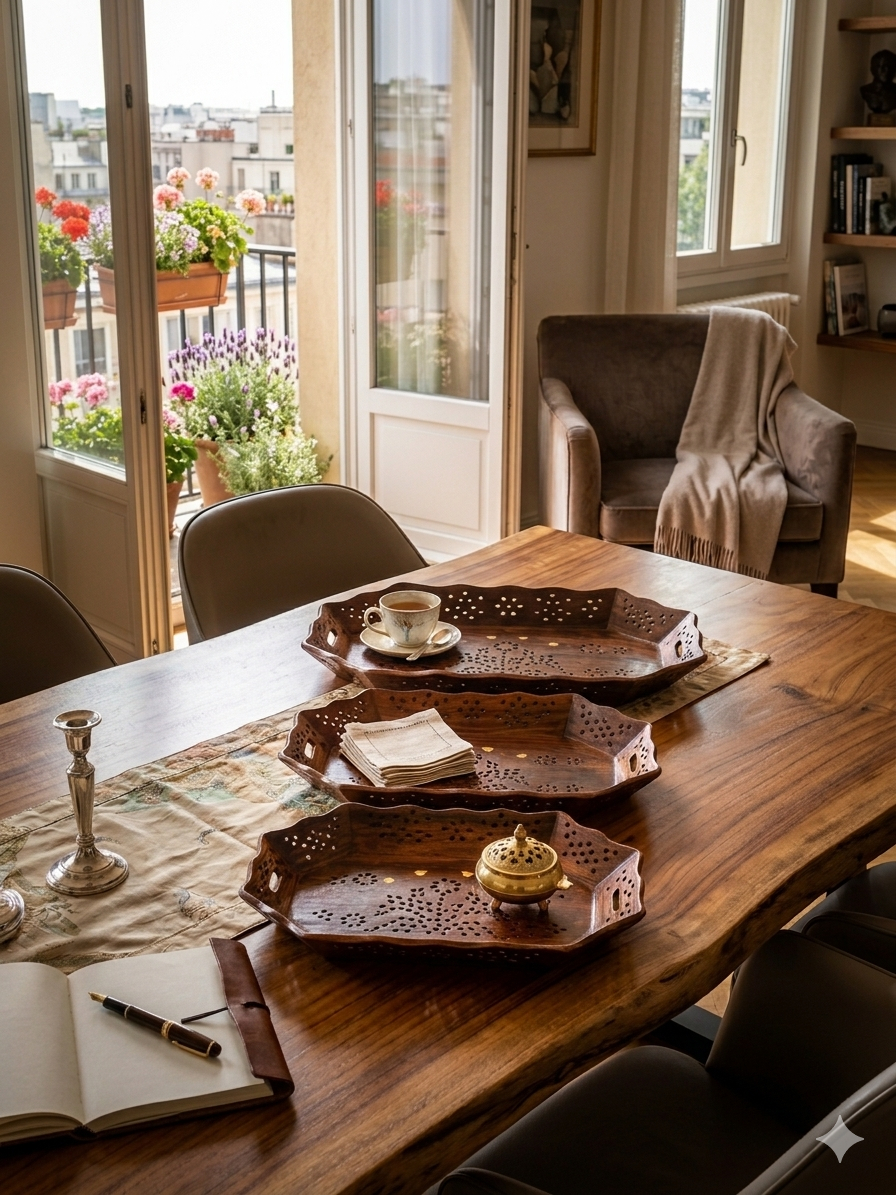Wooden Serving Tray Set Of Three Premium Sheesham Wood Trays