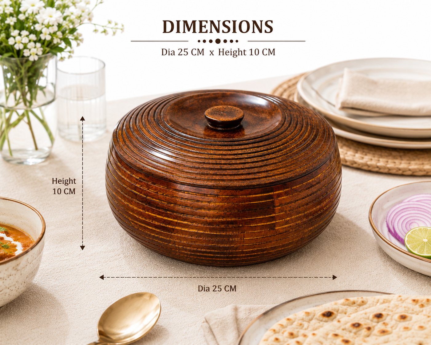 Hold nd Bold Sheesham Wood Chapati Box with Lid | Wooden Roti Storage & Serving Container | Multipurpose Casserole for Chapati, Paratha, Rice & Snacks | Dia 25 x Height 10 CM - Image 4