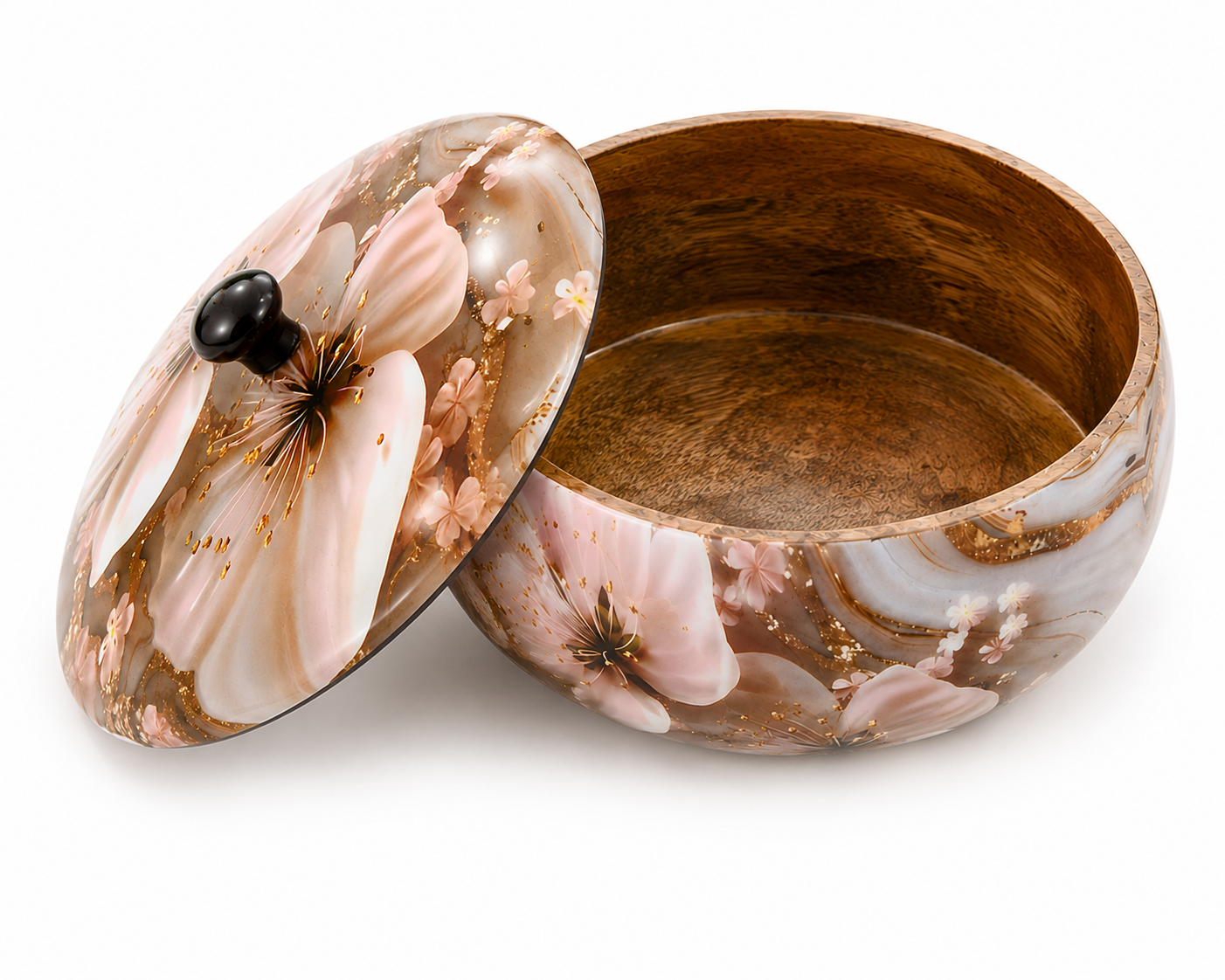 Hold nd Bold Floral Wooden Casserole with Lid | Decorative Chapati Box for Kitchen & Dining | Roti Keeper, Rice & Snack Serving Bowl | Dia 25 x 10 CM - Image 5
