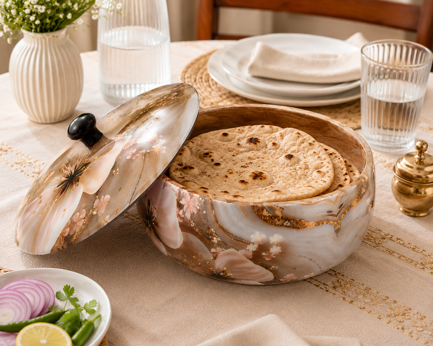 Hold nd Bold Floral Wooden Casserole with Lid | Decorative Chapati Box for Kitchen & Dining | Roti Keeper, Rice & Snack Serving Bowl | Dia 25 x 10 CM - Image 4