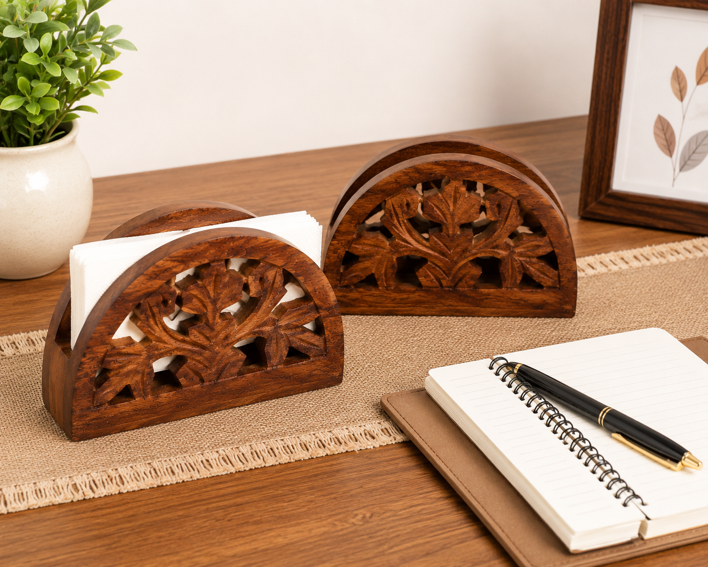 Hold nd Bold Handcrafted Sheesham Wood Tissue Paper Holder Set of 2 | Wooden Napkin Holder for Dining Table, Kitchen, Office & Restaurant | Floral Carved Tissue Stand - Image 5
