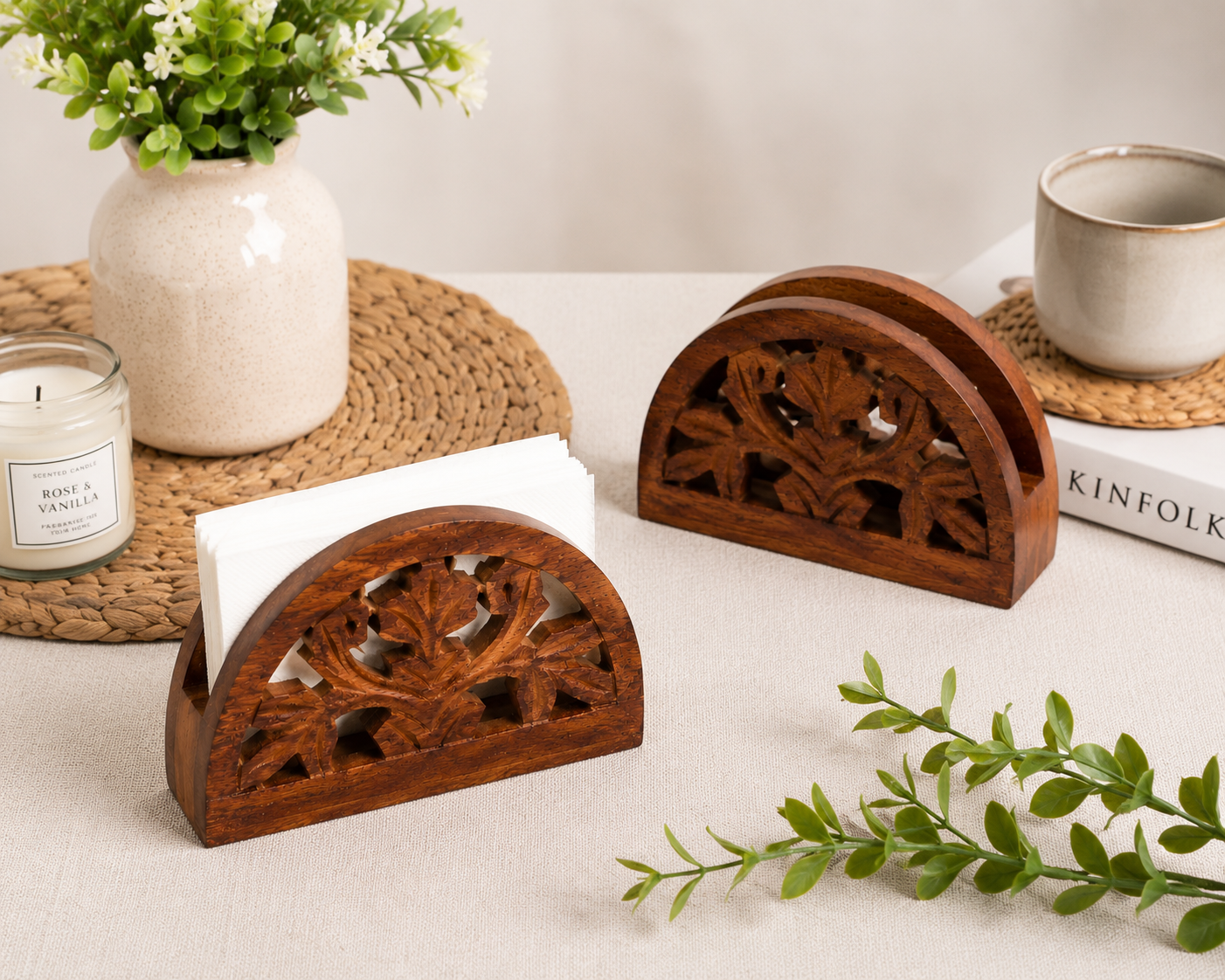 Hold nd Bold Handcrafted Sheesham Wood Tissue Paper Holder Set of 2 | Wooden Napkin Holder for Dining Table, Kitchen, Office & Restaurant | Floral Carved Tissue Stand - Image 2