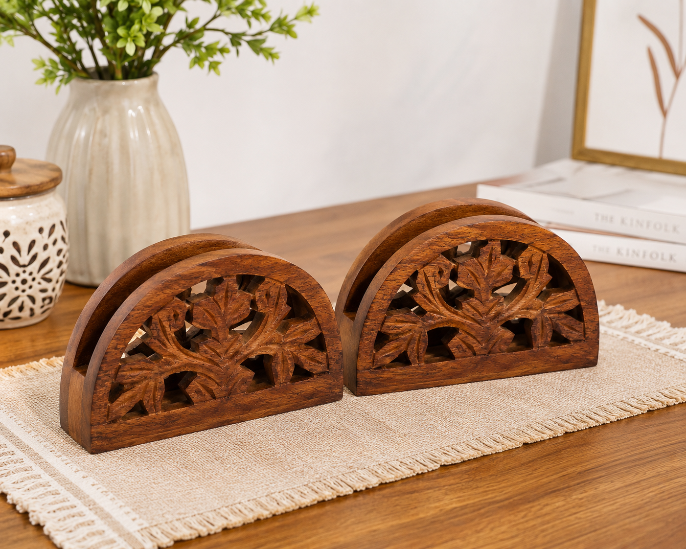 Hold nd Bold Handcrafted Sheesham Wood Tissue Paper Holder Set of 2 | Wooden Napkin Holder for Dining Table, Kitchen, Office & Restaurant | Floral Carved Tissue Stand - Image 3